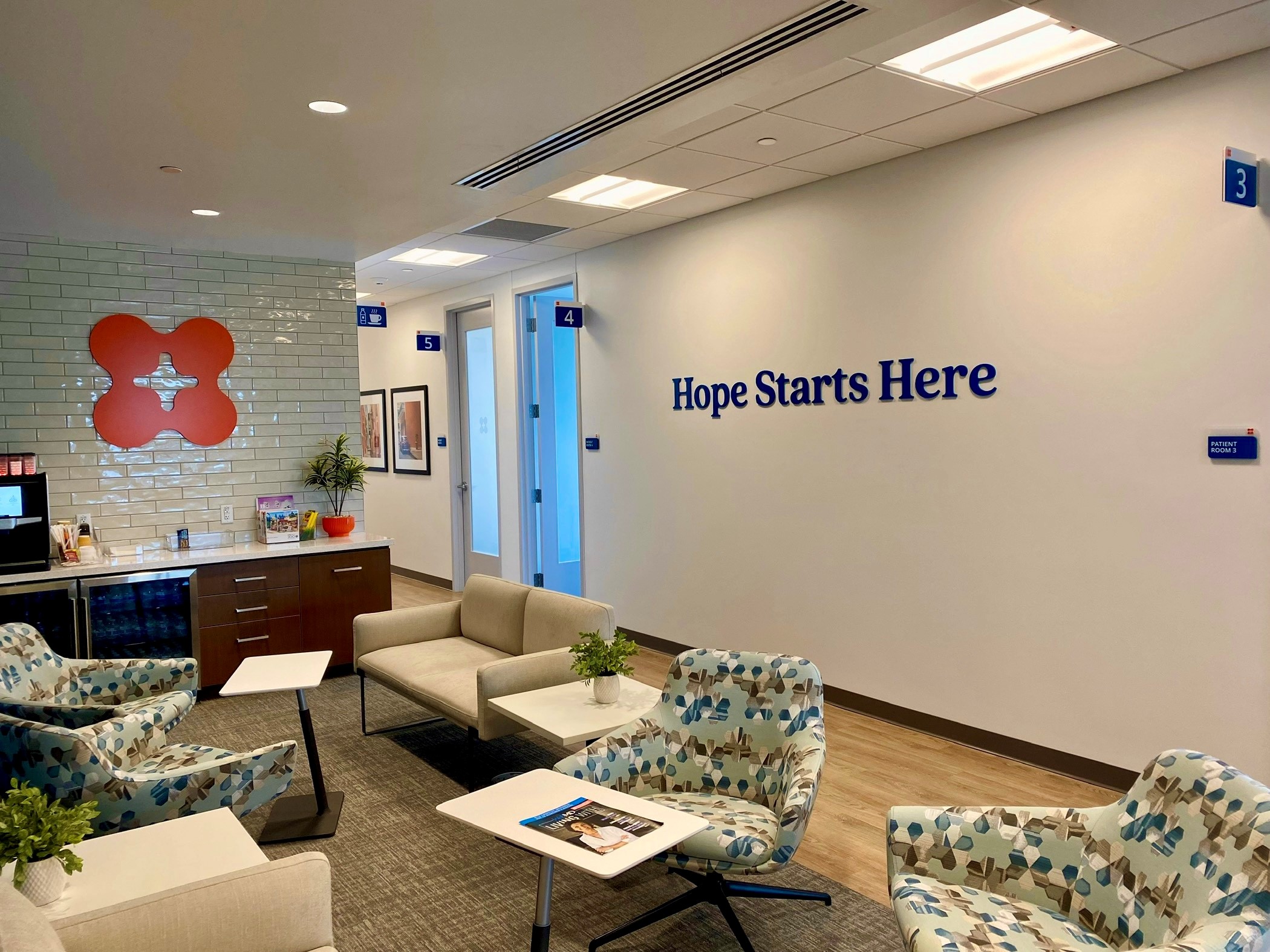 Hope Starts Here. Patient and family lounge. Charter Research, Mills Ave., Orlando location.