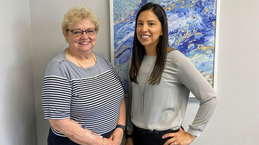 Joan Tiller with Stephanie Armendariz, a Clinical Research Coordinator at Charter Research, who guides Joan through each study visit.